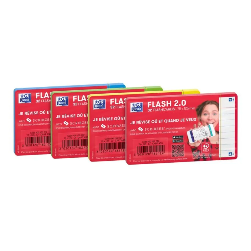 Oxford FLASH 2.0 - Pack de 32 cartes - A7 - ligné - 4 couleurs disponibles selon stock du magasin