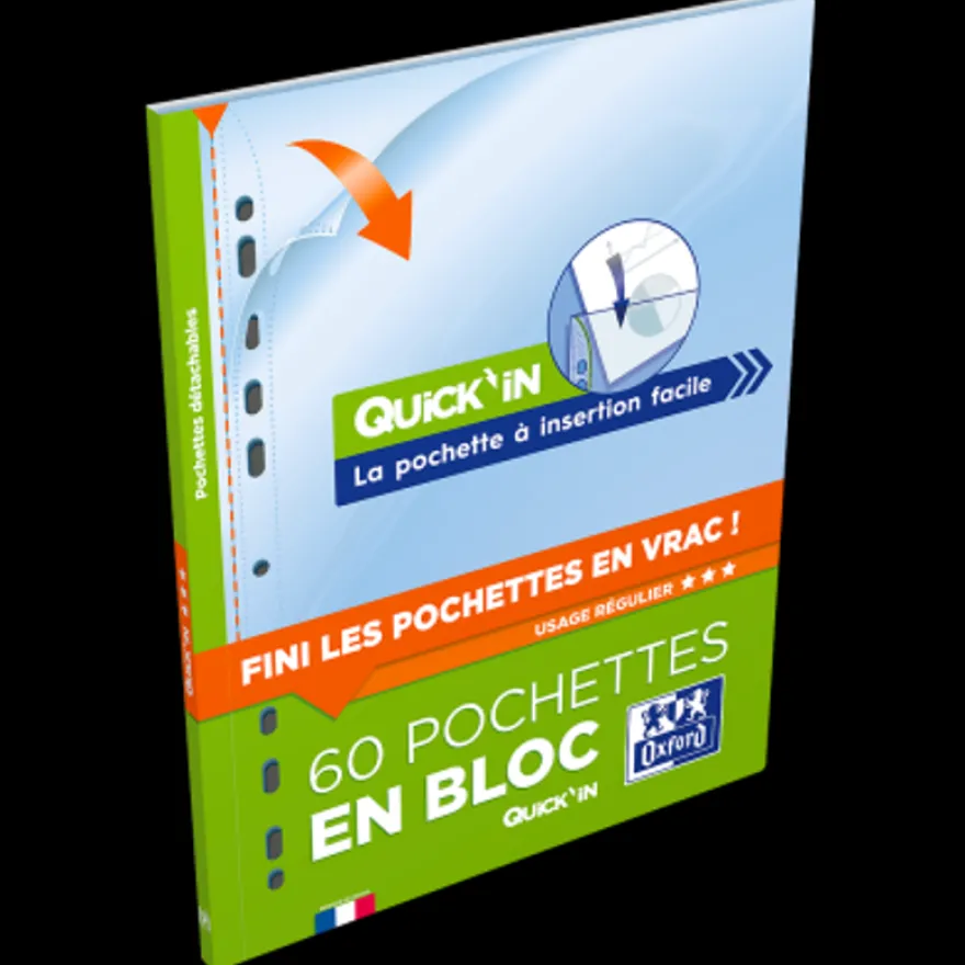 Oxford Quick'In - Bloc de 60 pochettes perforées - A4 - lisse - pour 25 feuilles