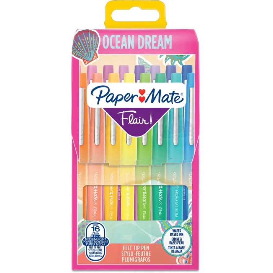 PAPER MATE® FLAIR™ Ocean Dream Feutres d'écriture - Pochette de 16 couleurs -Pointe Moyenne