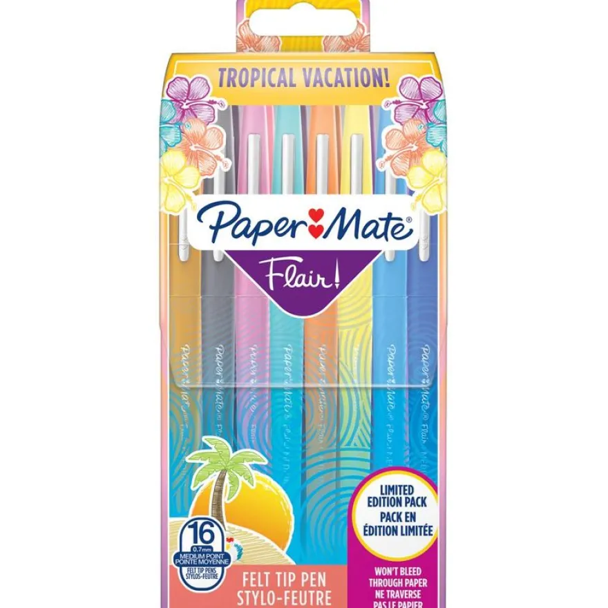 Paper Mate Flair Tropical Vacation - Pack de 16 feutres fins - pointe moyenne - couleurs assorties