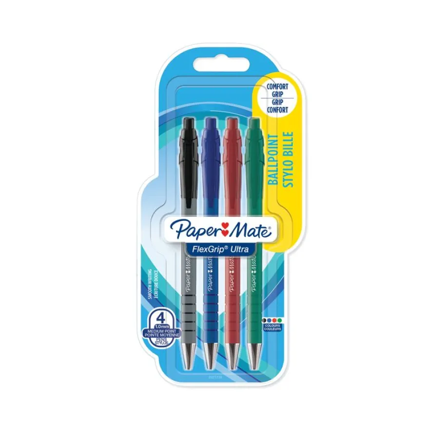 PAPER MATE® FLEXGRIP ULTRA™ 4 stylos bille rétractables - Noir, Bleu, Rouge, Vert - Pointe Moyenne