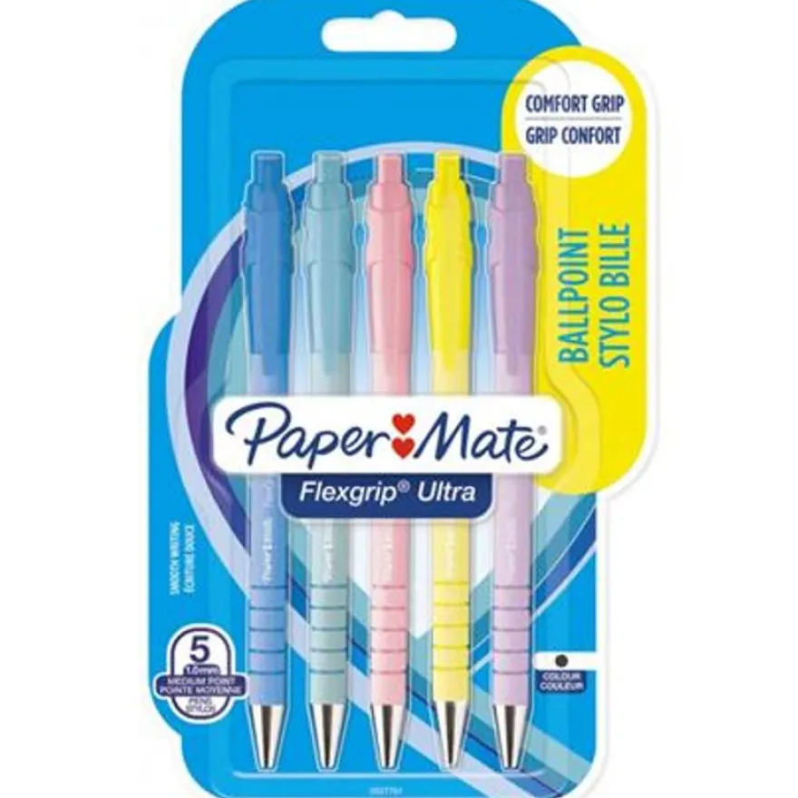 Paper Mate FlexGrip ultra - Pack de 5 stylos à bille (encre noire) - couleurs pastels assorties - 1 mm - rétractable