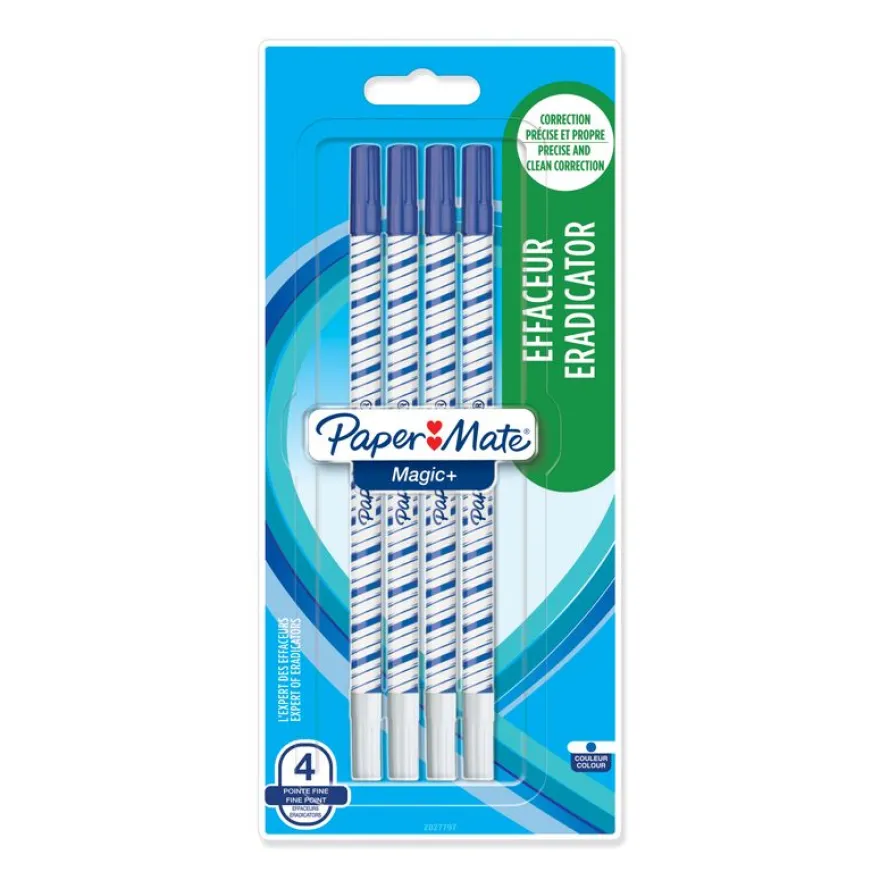 PAPER MATE® MAGIC+ Effaceur / Réécriveur - Blister de 4 - Pointe fine - Bleu