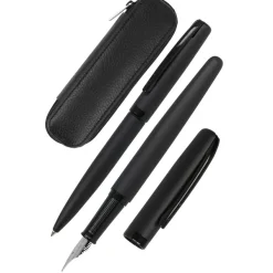 Parure plume/bille Eleganza Pure Black avec étui cuir