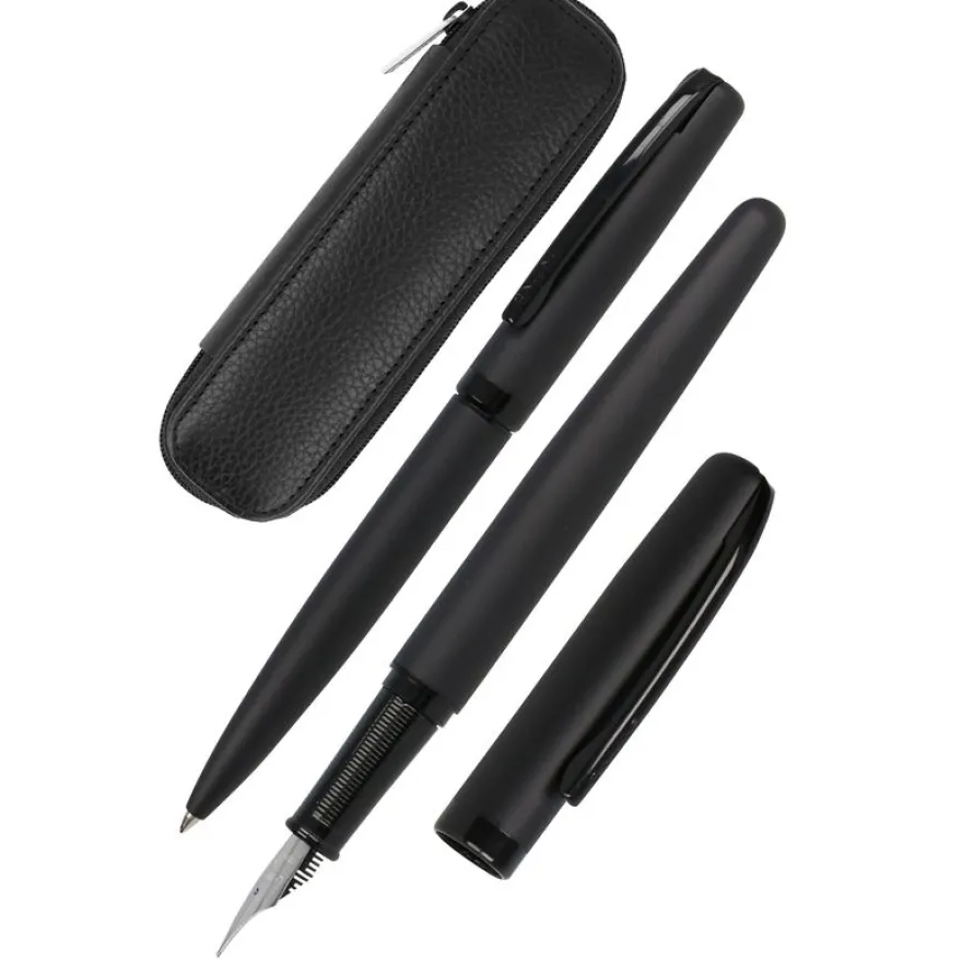 Parure plume/bille Eleganza Pure Black avec étui cuir