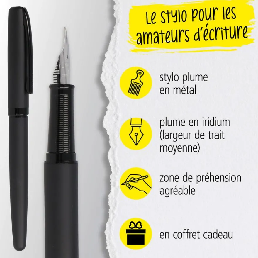 Parure plume/bille Eleganza Pure Black avec étui cuir