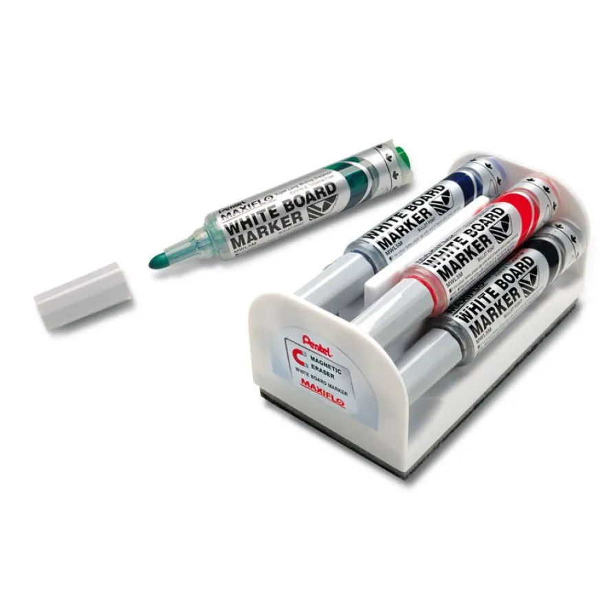 Pentel MAXIFLO - Brosse magnétique et 4 Marqueurs MAXIFLO - pointe ogive large - couleurs assorties