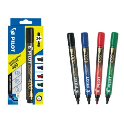 Pilot 400 - Pack de 4 marqueurs permanents - pointe biseau - noir, bleu, rouge, vert