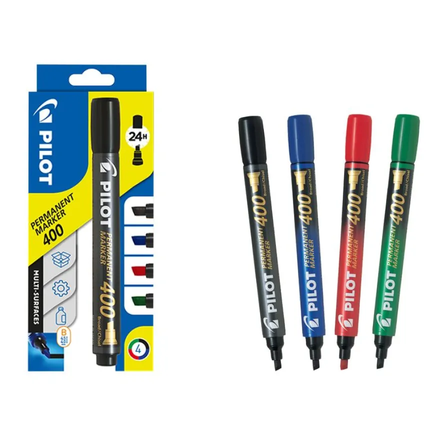 Pilot 400 - Pack de 4 marqueurs permanents - pointe biseau - noir, bleu, rouge, vert