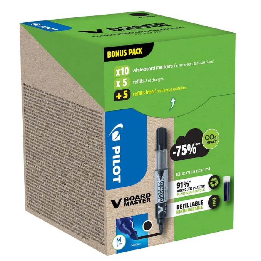 Pilot V BOARD MASTER - 10 Marqueurs effaçables + 10 recharges - pointe ogive - noir