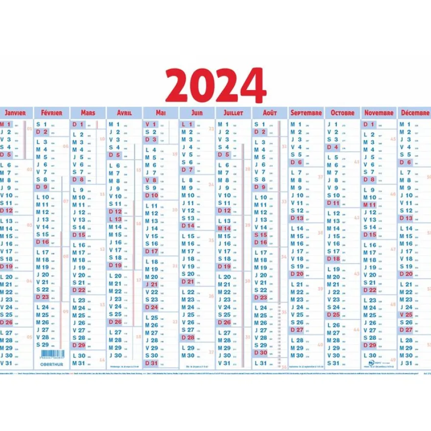 Planning Classique - 12 mois sur une face - 43 x 55 cm - Oberthur