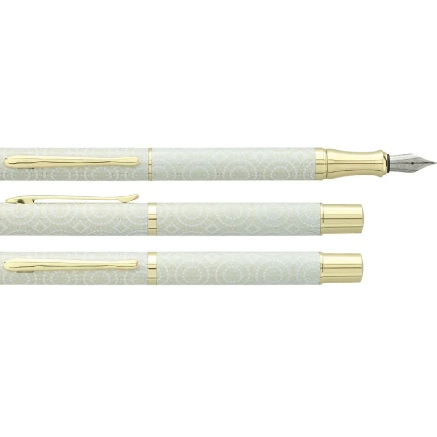 Plume ENZO VARINI "Plumo Doria" coloris gris motifs blancs en cercle, attributs dorés