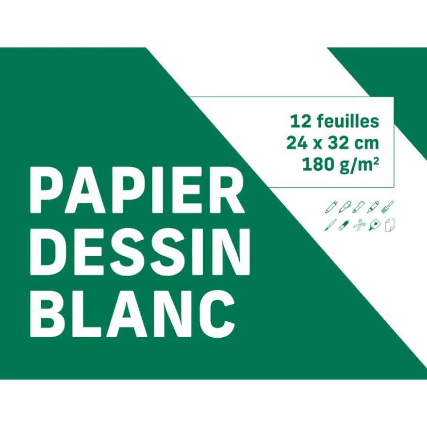 Pochette papier à dessin - 12 feuilles - 24 x 32 cm - 180 gr - blanc