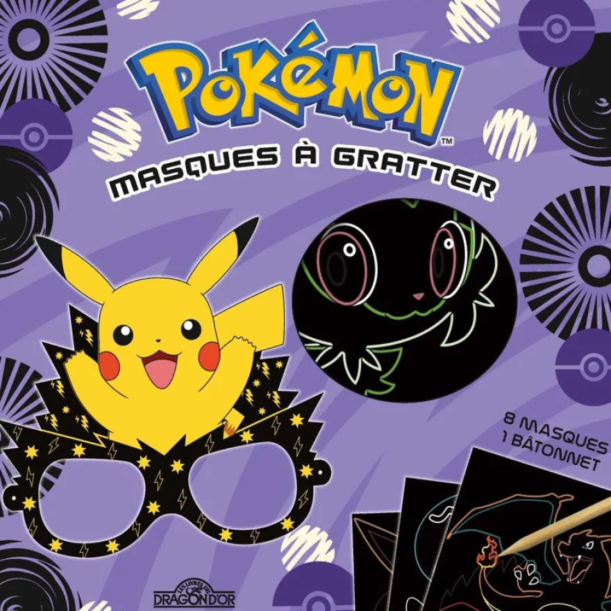 Pokémon Mes masques à gratter Pochette avec 8 masques à gratter, un bâtonnet et un grand élastique Dès 6 ans