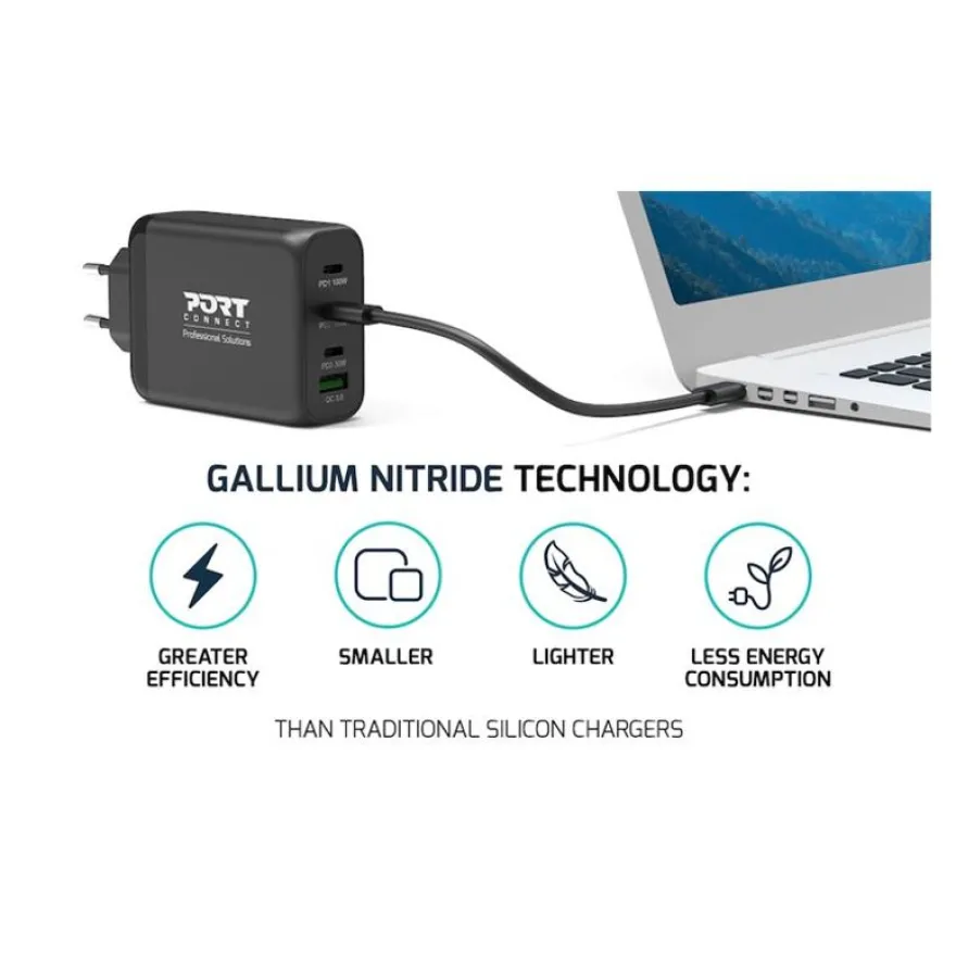 PORT Connect - Adaptateur secteur - GaN - 130 Watt - 4 connecteurs de sortie (USB type A, 3 x USB-C) - sur le câble : USB-C - Europe