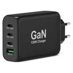 PORT Connect - Adaptateur secteur - GaN - 130 Watt - 4 connecteurs de sortie (USB type A, 3 x USB-C) - sur le câble : USB-C - Europe