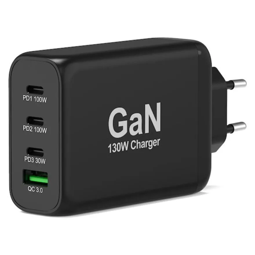 PORT Connect - Adaptateur secteur - GaN - 130 Watt - 4 connecteurs de sortie (USB type A, 3 x USB-C) - sur le câble : USB-C - Europe