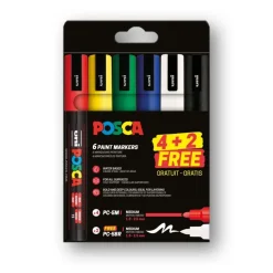 POSCA – Lot de 6 marqueurs couleurs assorties à pointes fines et brush