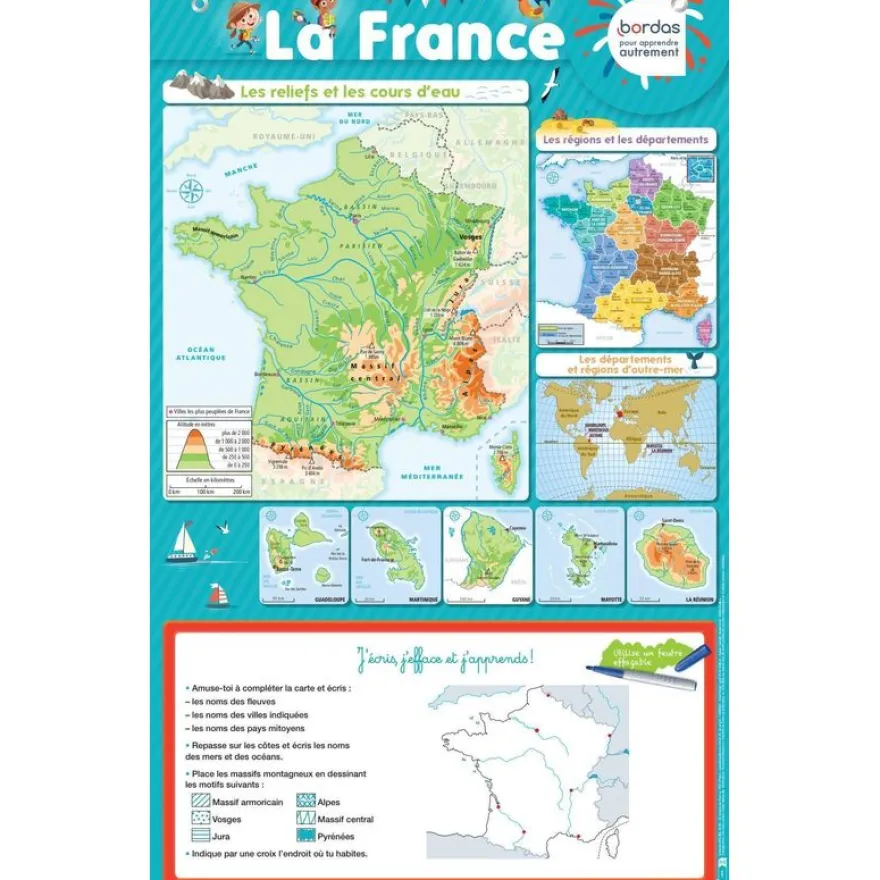 Poster Éducatif Géographie de la France (43x69cm) - Carte Effaçable - idéal de la maternelle au CE2