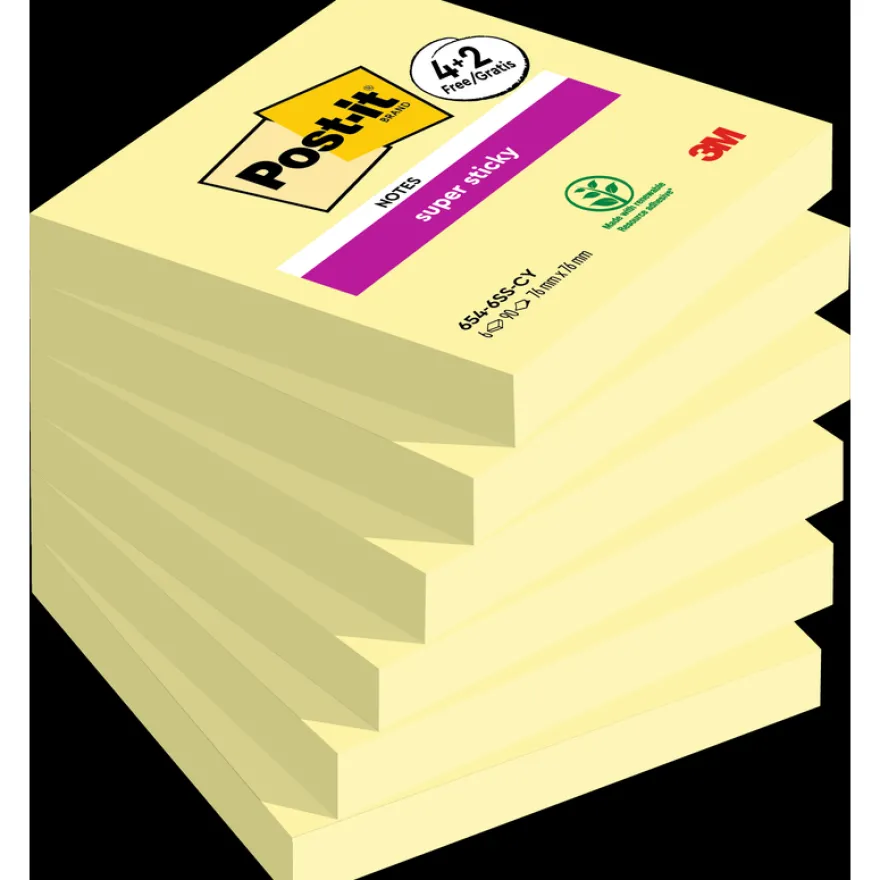 Post-it - 4 Blocs notes + 2 gratuits de 90 feuilles Super Sticky - jaune canari - 76 x 76 mm