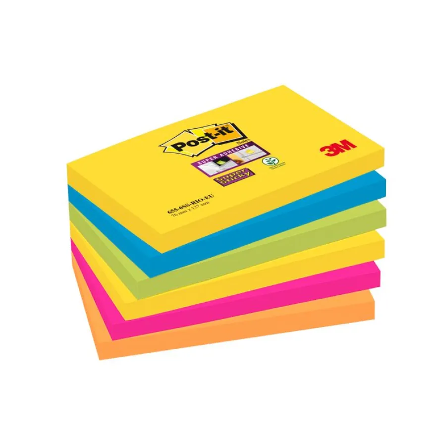 Post-it - 6 Blocs notes Super Sticky Rio - couleurs vives assorties - 76 x 127 mm