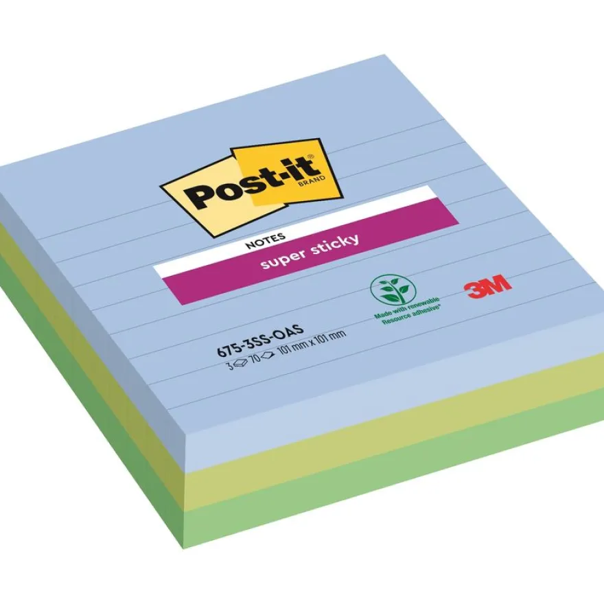Post-it - 3 Blocs notes Super Sticky Oasis - ligné - 101 x 101 mm - couleurs assorties
