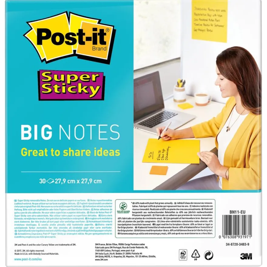 Post-it - Big Notes Super Sticky - jaune - bloc de 30 feuilles