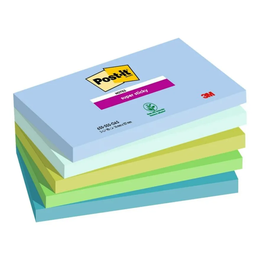 POST-IT - Notes repositionnables 76x127 mm Oasis 5 blocs - ultra adhésives - 450 feuilles - couleurs bleu et vert
