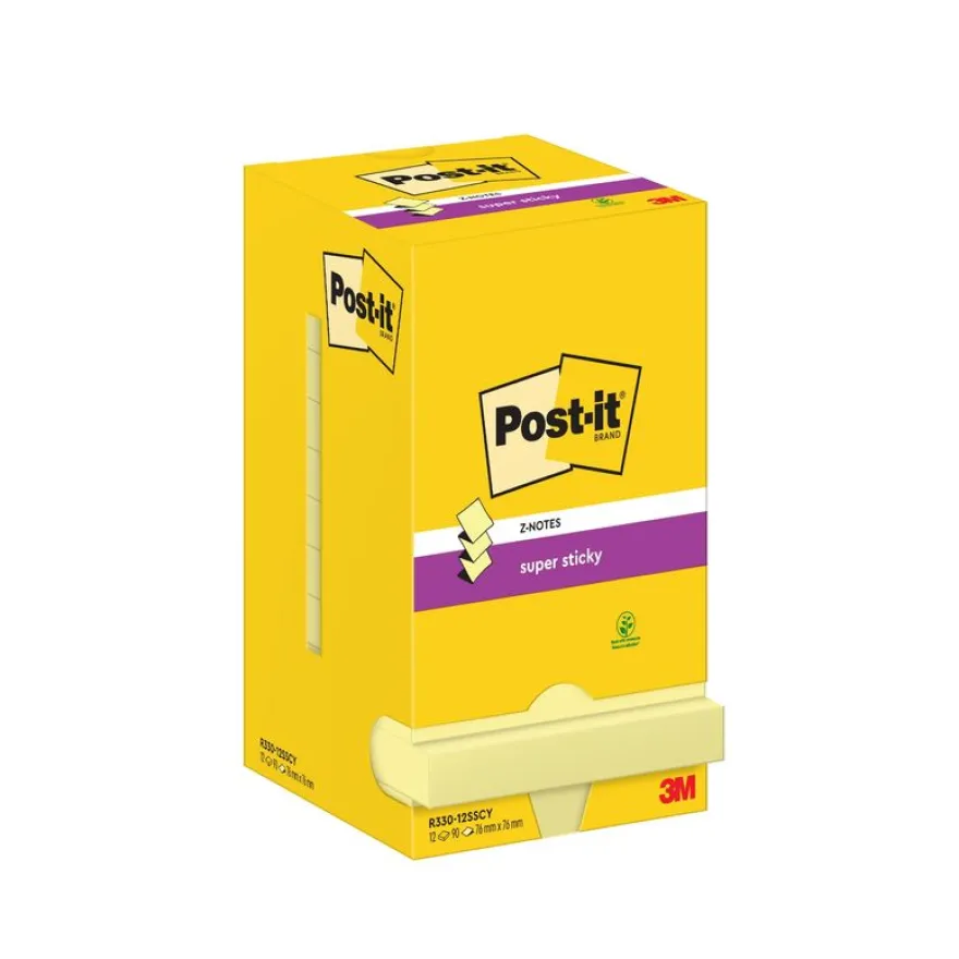 Post-it - Z-Notes Super Sticky, Couleur Jaune Canari - 76 mm x 76 mm - 90 feuilles/bloc - 12 blocs/paquet