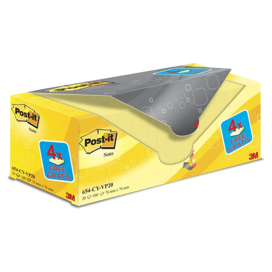 Post-it Promo Pack - 16+4 Blocs-notes - 76 x 76 mm - jaune canari - 2000 feuilles (20 x 100)