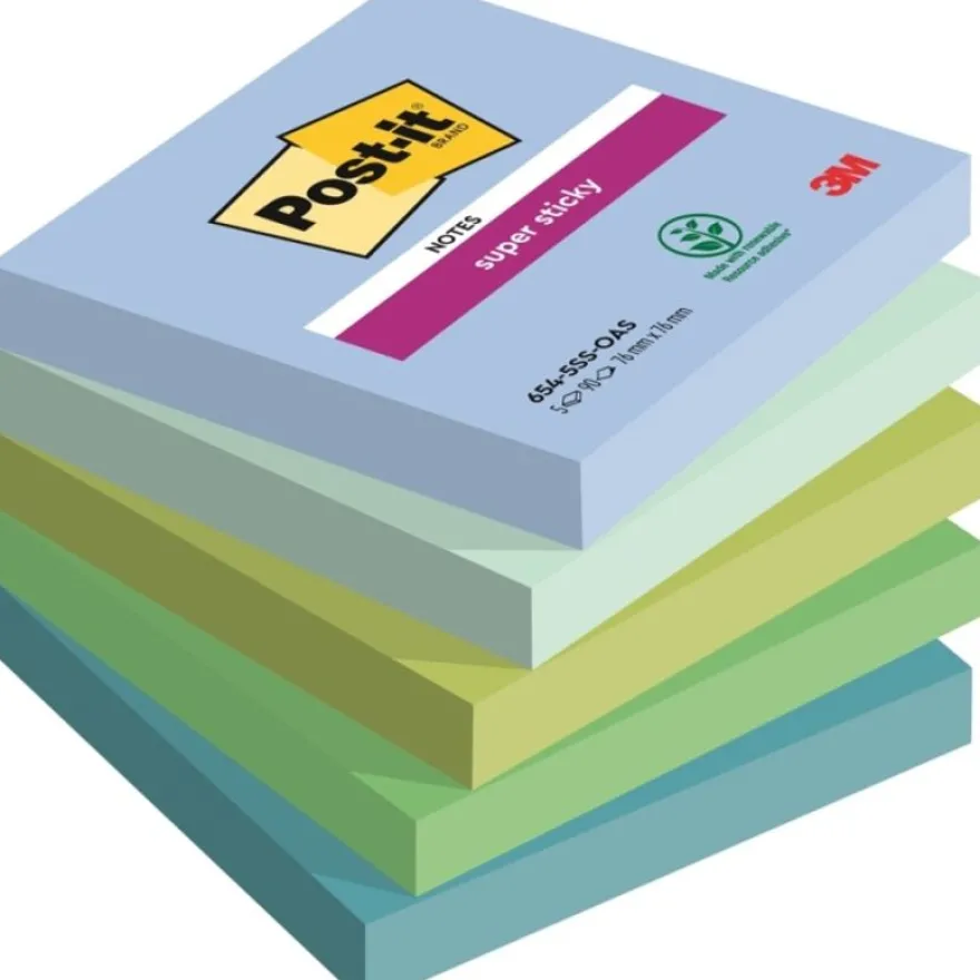 Post-it Super Sticky 654-5SS-OAS - Notes - 76 x 76 mm - 450 feuilles (5 x 90) - bleu, vert