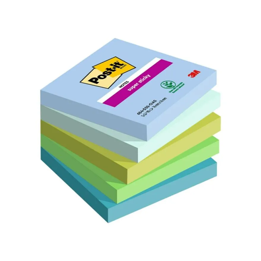 Post-it Super Sticky 654-5SS-OAS - Notes - 76 x 76 mm - 450 feuilles (5 x 90) - bleu, vert