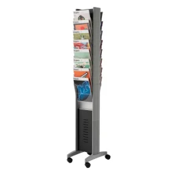 Présentoir mobile double face - 16 cases pour documents format A4 - argent