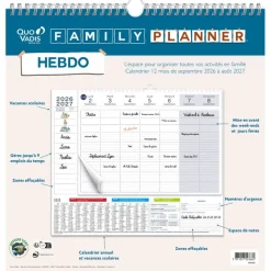 Quo Vadis - Calendrier familial à feuillets - Spiralé - 2026-2027 - Français - Family Planner - 12 mois de septembre à août - 30x30 cm - Papier Clairefontaine blanc - Fabrication française