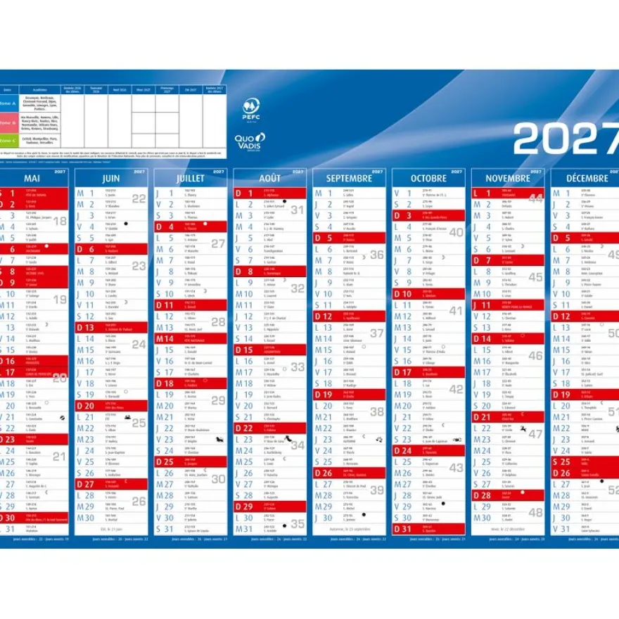 Quo Vadis - Calendrier mural - 2026-2027 - Français - Classic - Bleu - 16 mois de septembre à décembre - 55x40,5 cm - Papier Clairefontaine blanc - Fabrication française