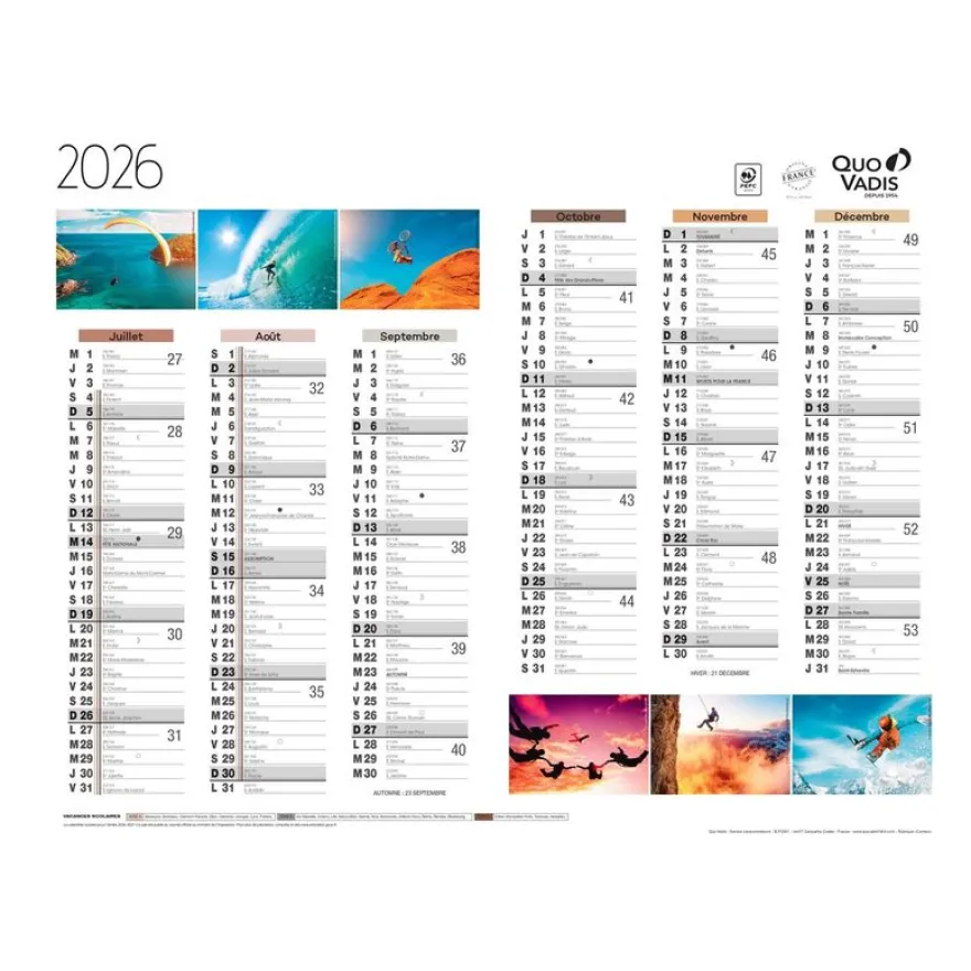 Quo Vadis - Calendrier éphéméride - 2025 - Français - Fantaisie - Multicolore - 12 mois de janvier à décembre - 27x21 cm - Papier Clairefontaine blanc - Fabrication française