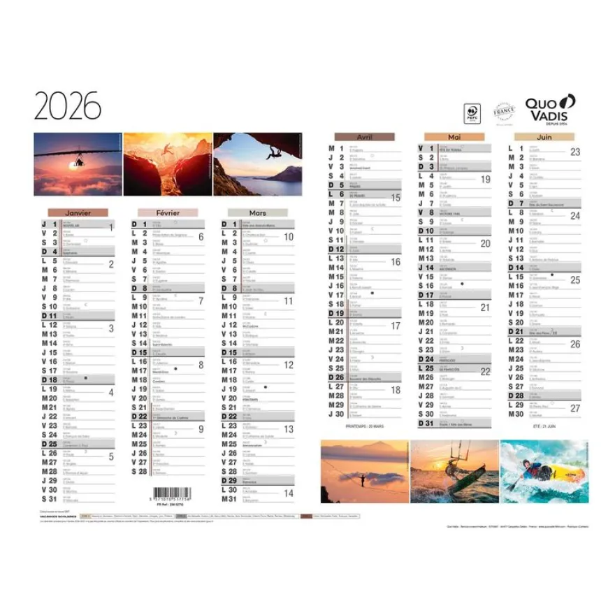 Quo Vadis - Calendrier éphéméride - 2025 - Français - Fantaisie - Multicolore - 12 mois de janvier à décembre - 27x21 cm - Papier Clairefontaine blanc - Fabrication française
