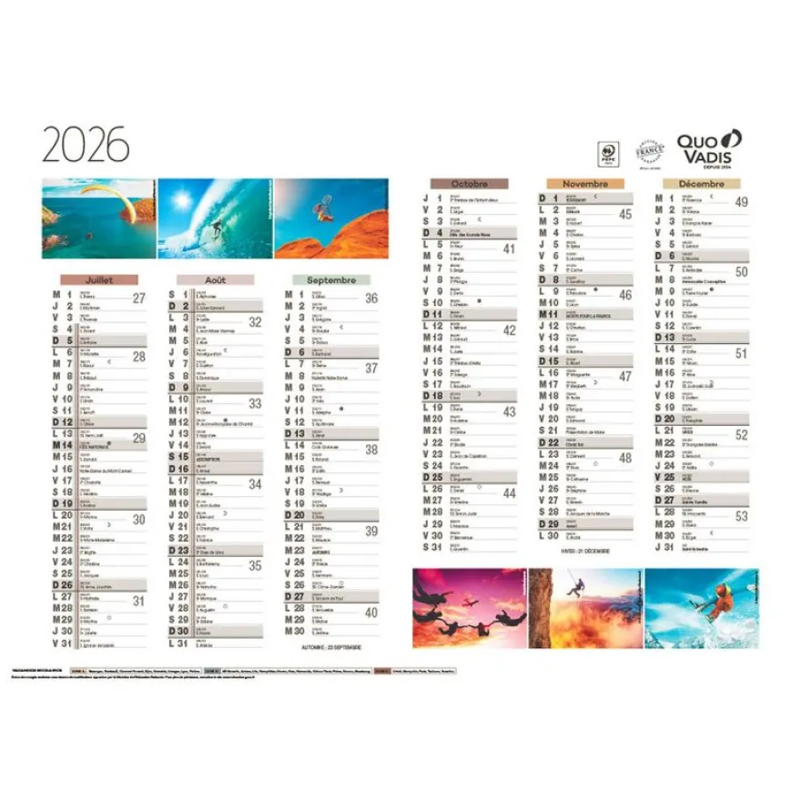 Quo Vadis - Calendrier éphéméride - 2025 - Français - Fantaisie - Multicolore - 12 mois de janvier à décembre - 55x40,5 cm - Papier Clairefontaine blanc - Fabrication française
