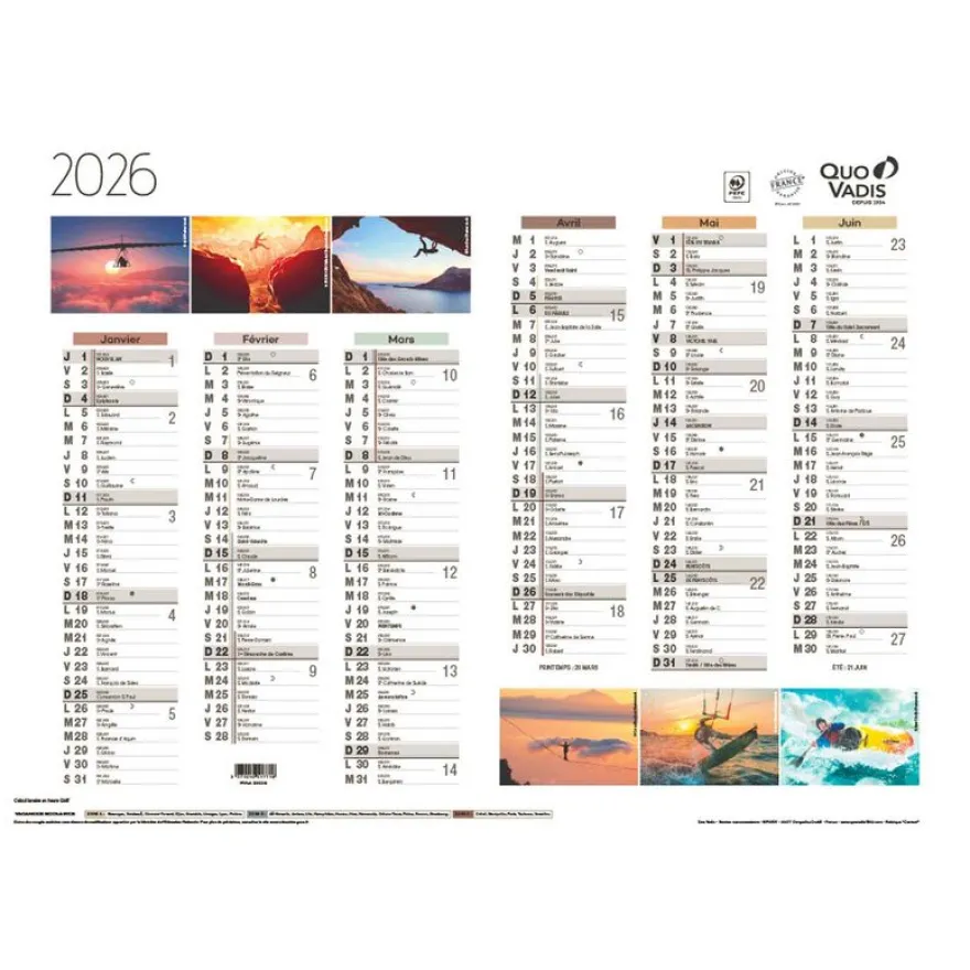 Quo Vadis - Calendrier éphéméride - 2025 - Français - Fantaisie - Multicolore - 12 mois de janvier à décembre - 55x40,5 cm - Papier Clairefontaine blanc - Fabrication française