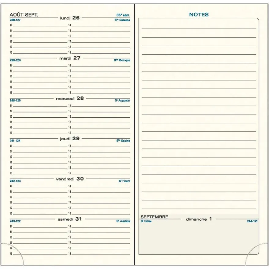 Recharge pour agenda SAS 17 - 1 semaine sur 1 page - 9 x 17,5 cm - Exacompta