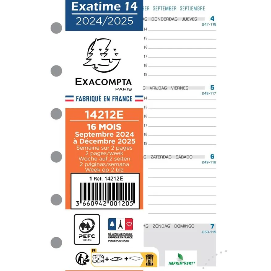 Recharge pour organiseur Exatime 14 - 16 mois- 1 semaine sur 2 pages à l'horizontale - 8,1 x 12,6 cm - Exacompta