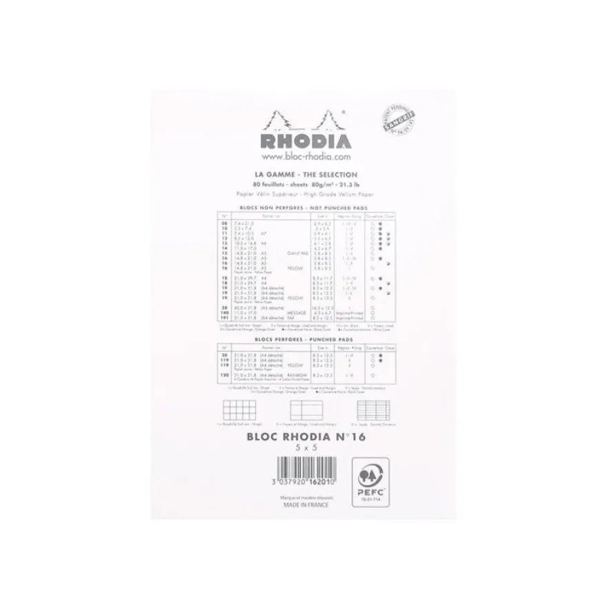 Rhodia - Bloc notes N°16 - A5 - 160 pages - petits carreaux - 80g - blanc