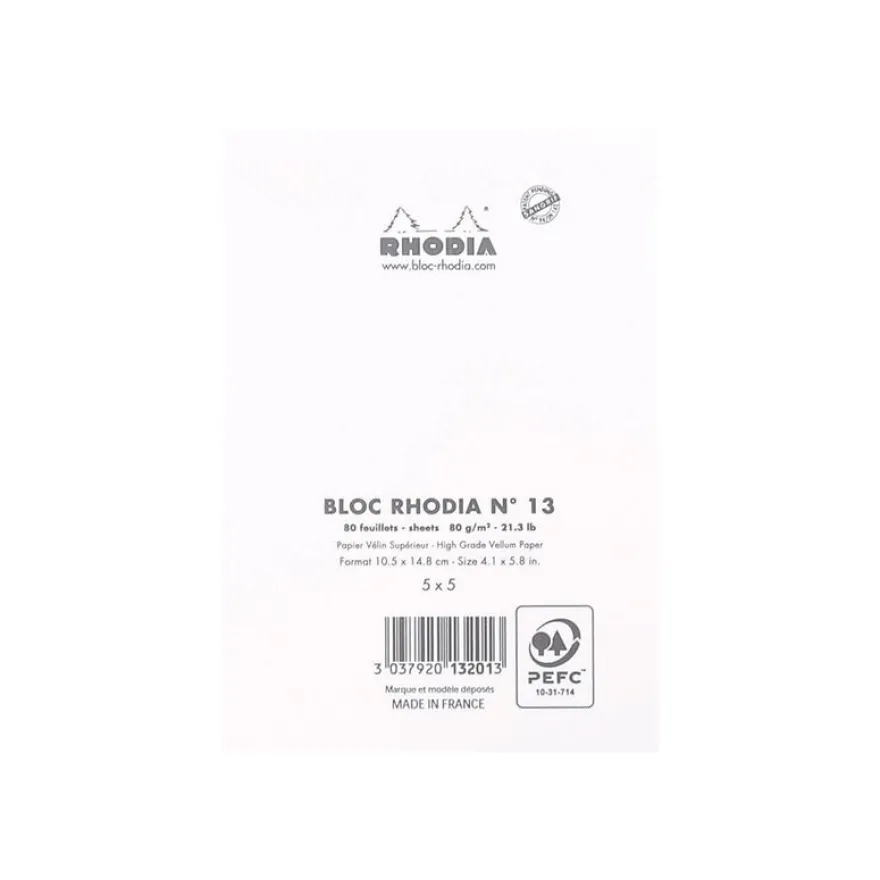 Rhodia Basics - Bloc notes N°13 - 10 x 15 cm - 160 pages - petits carreaux - 80g - blanc