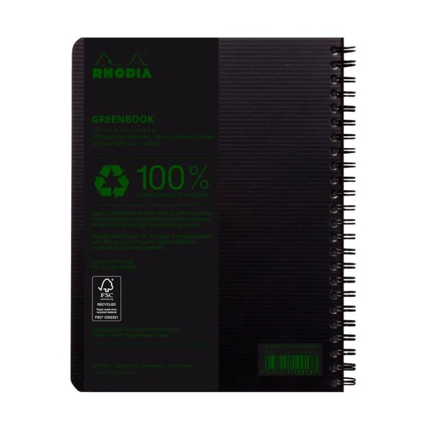 RhodiActive Greenbook - Cahier à spirale 100% recyclé - A5+ (16 x 21 cm) - 160 pages 90 g/m² - petits carreaux (5x5 mm) - noir