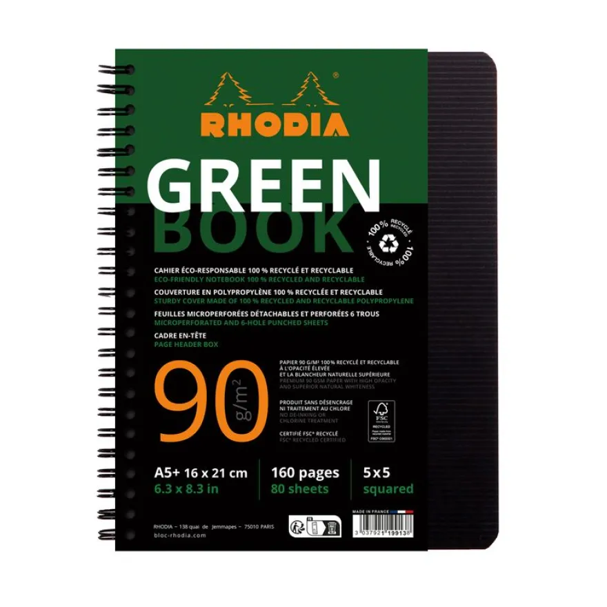 RhodiActive Greenbook - Cahier à spirale 100% recyclé - A5+ (16 x 21 cm) - 160 pages 90 g/m² - petits carreaux (5x5 mm) - noir