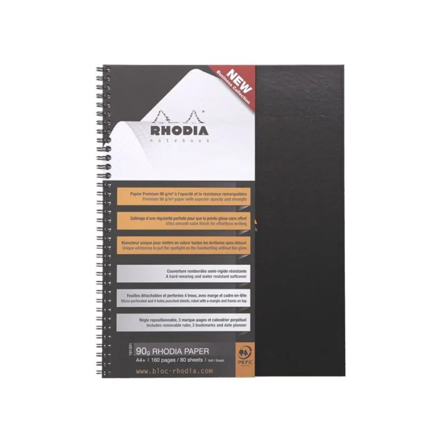 RhodiActive Notebook - Cahier à spirale A4+ (22,5 x 29,7 cm) - 160 pages - petits carreaux (5x5 mm) - noir
