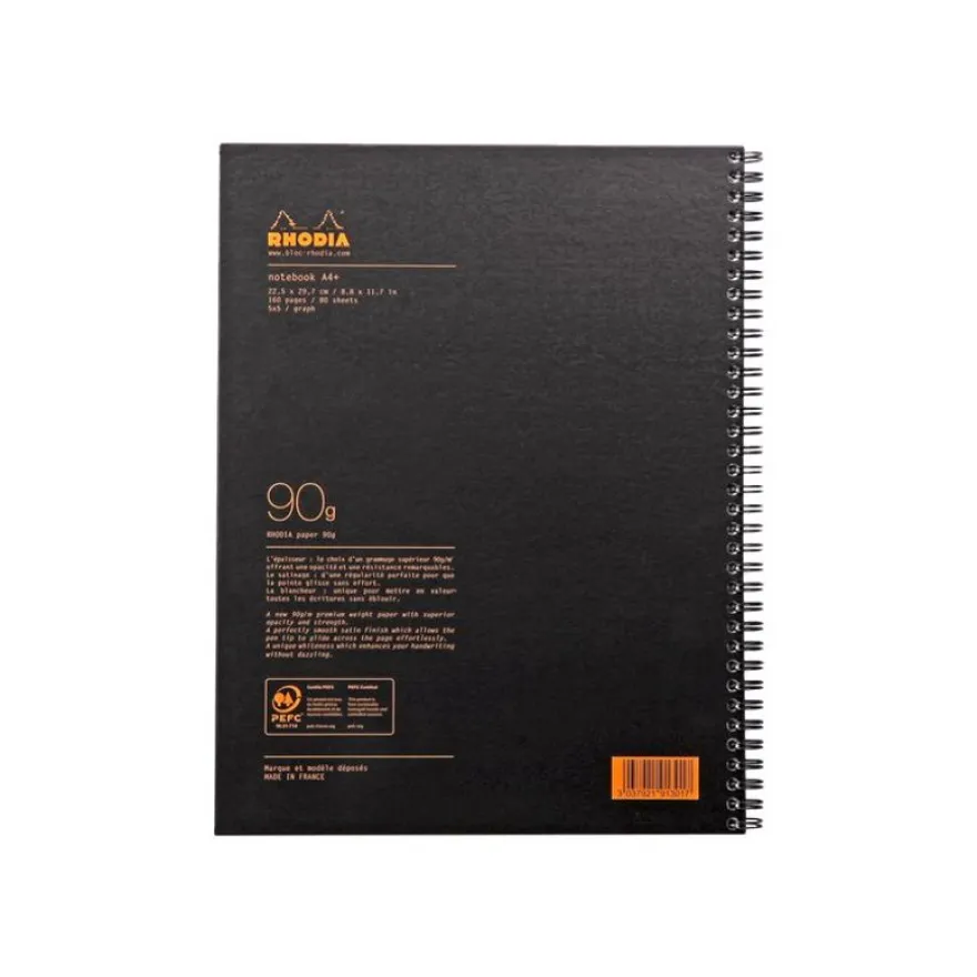 RhodiActive Notebook - Cahier à spirale A4+ (22,5 x 29,7 cm) - 160 pages - petits carreaux (5x5 mm) - noir