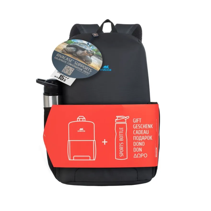 RIVACASE Regent - Sac à dos pour ordinateur portable 15,6" + bouteille isotherme - noir