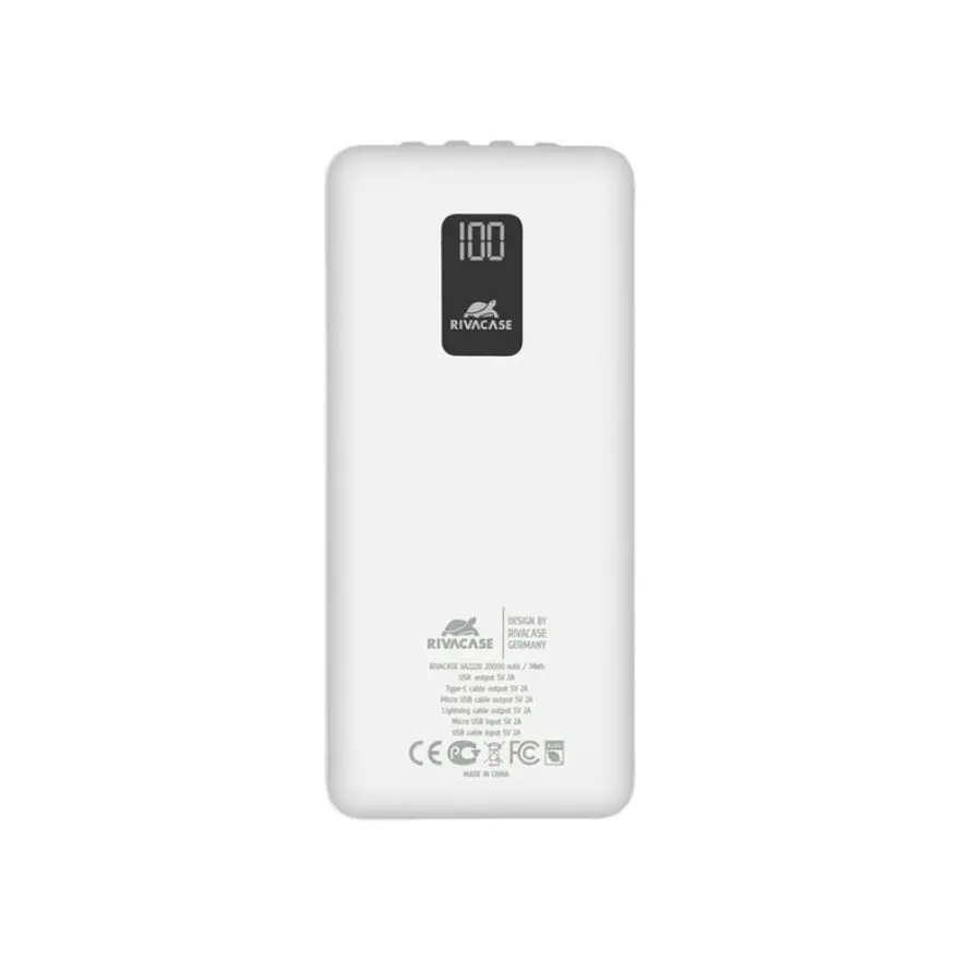RIVACASE Rivapower VA2220 - powerbank / batterie de secours - 20000 mAh - 4 connecteurs de sortie (USB-A, Micro-USB de type B, Lightning, USB-C) - blanc