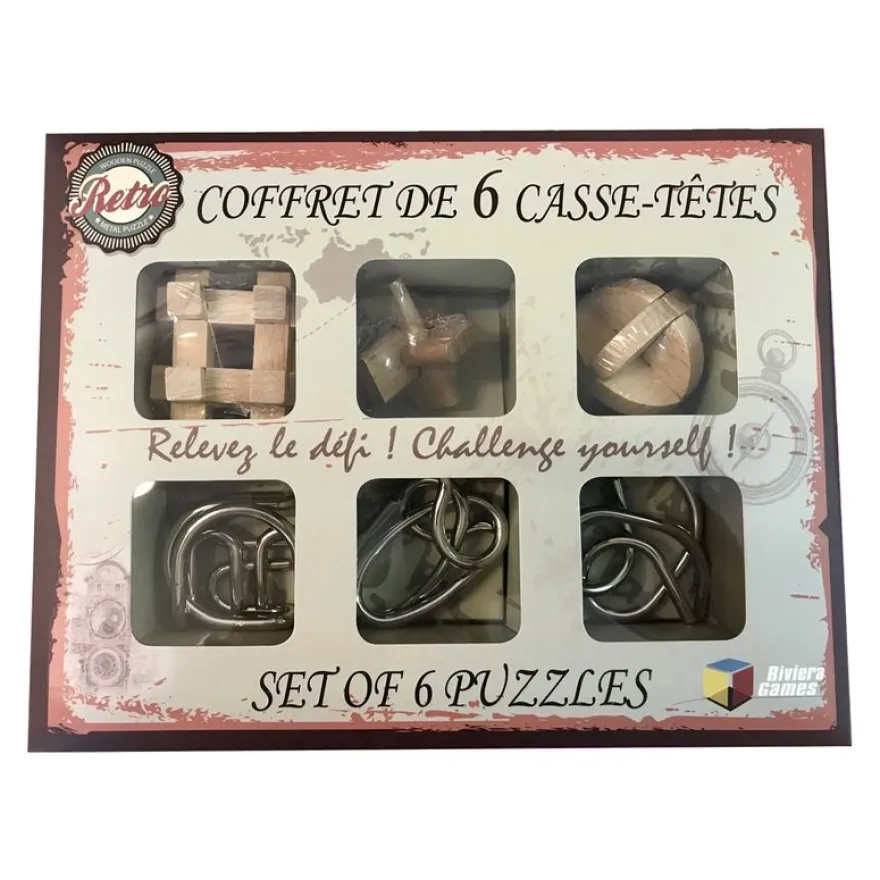 Riviera Games - Coffret 6 casse-têtes rétro - bois et métal